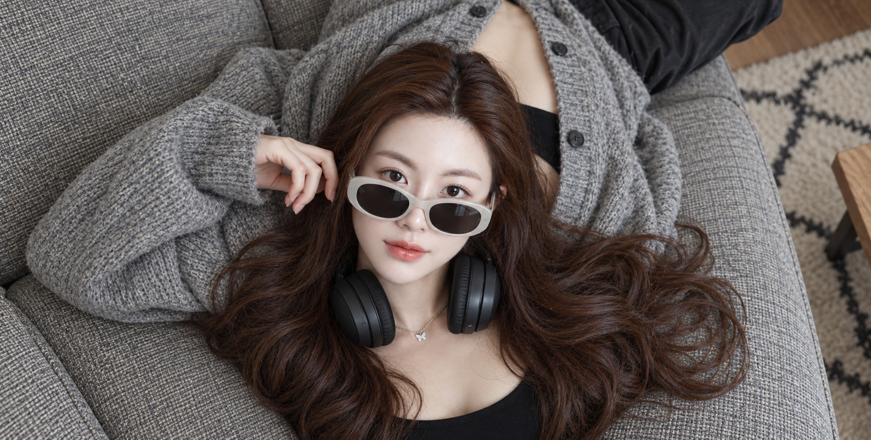회색 소파에 누운 성인 여성의 위에서 본 초상