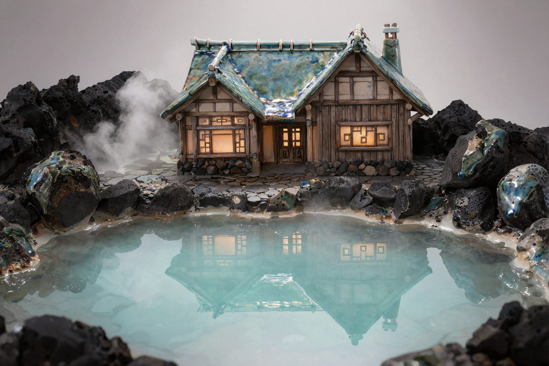 Auberge des sources chaudes volcaniques · Émail céramique — AI image creation