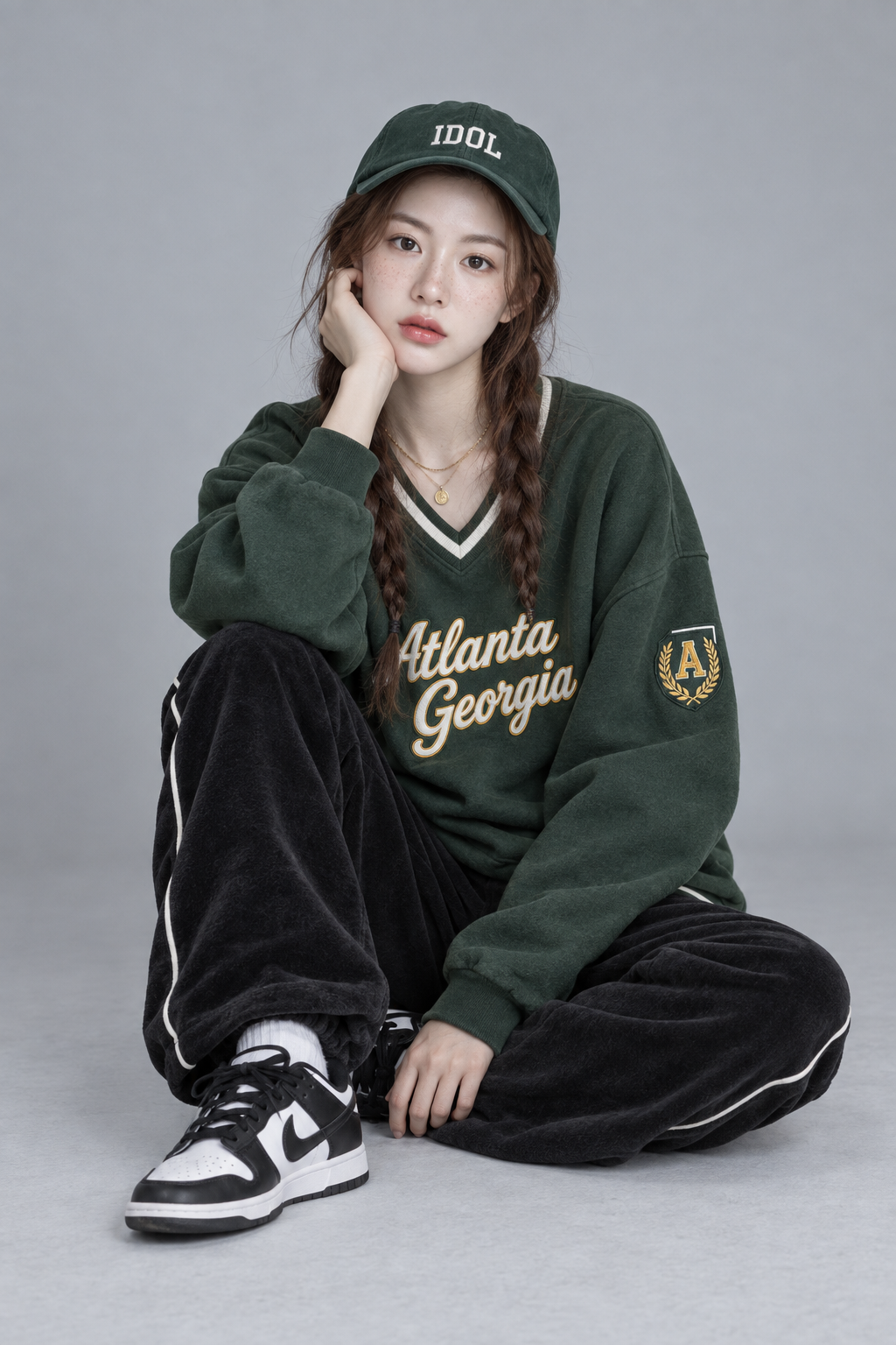 身穿深绿卫衣的慵懒随性街头风少女写真