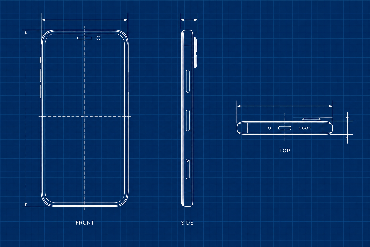 Bản vẽ kỹ thuật ba hình chiếu iPhone trên nền lưới xanh đậm