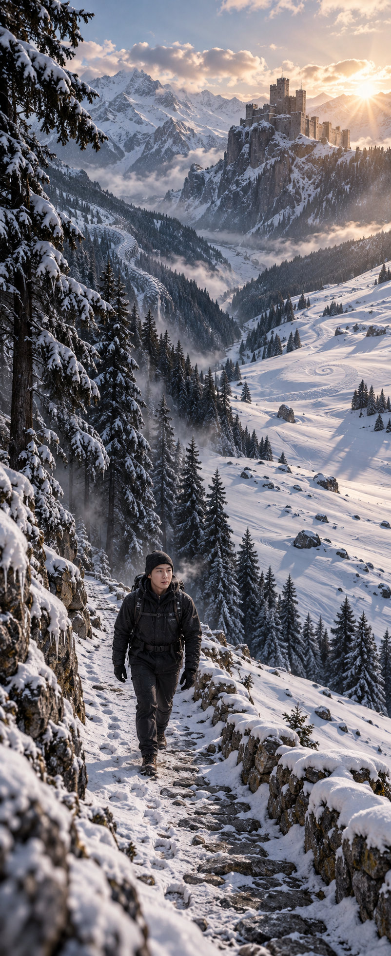 Thung lũng Alpine cuối đông với sống tuyết uốn lượn ẩn hiện