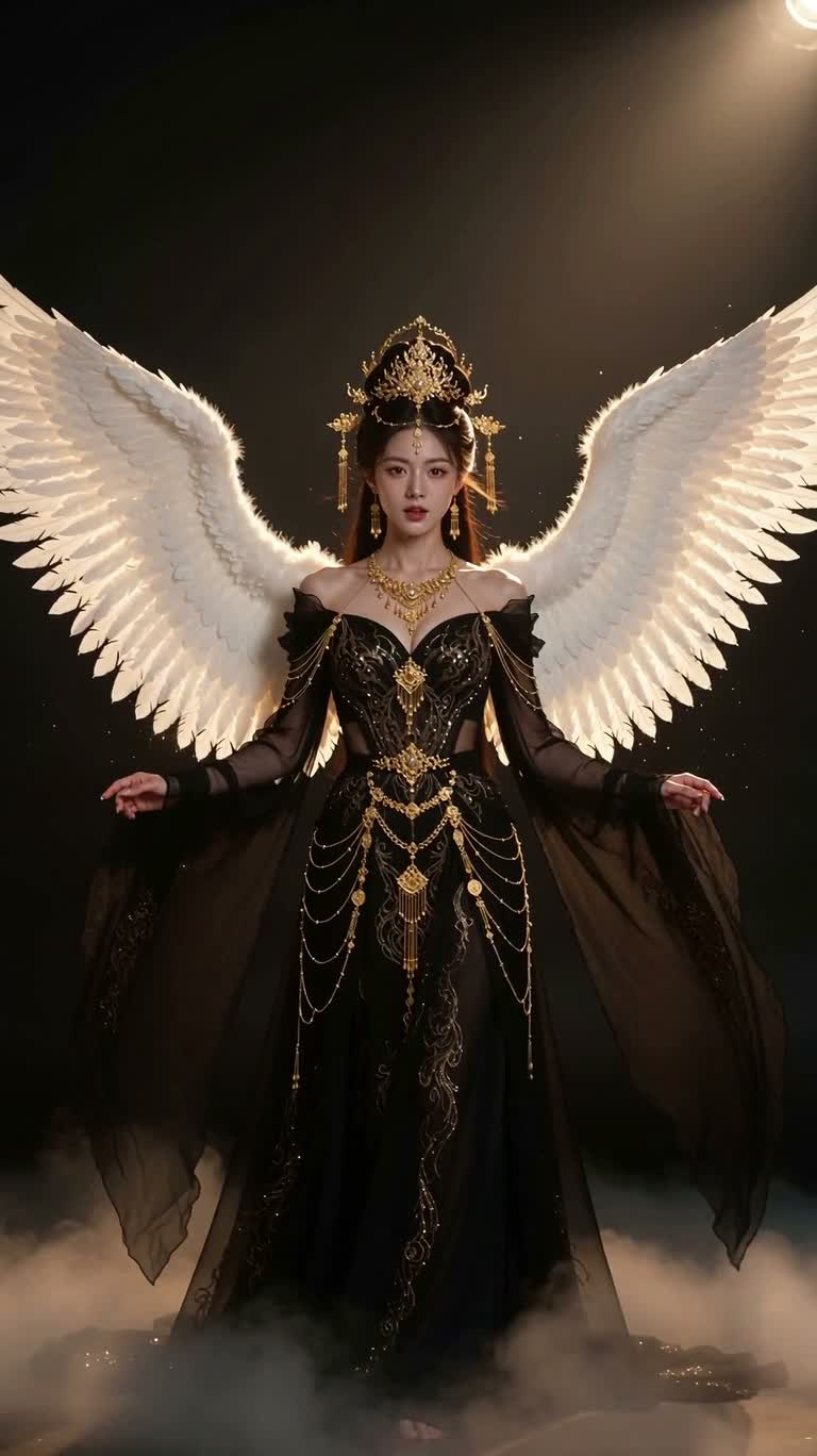 Dark Night Winged Goddess in Black Robe and Gold Adornments