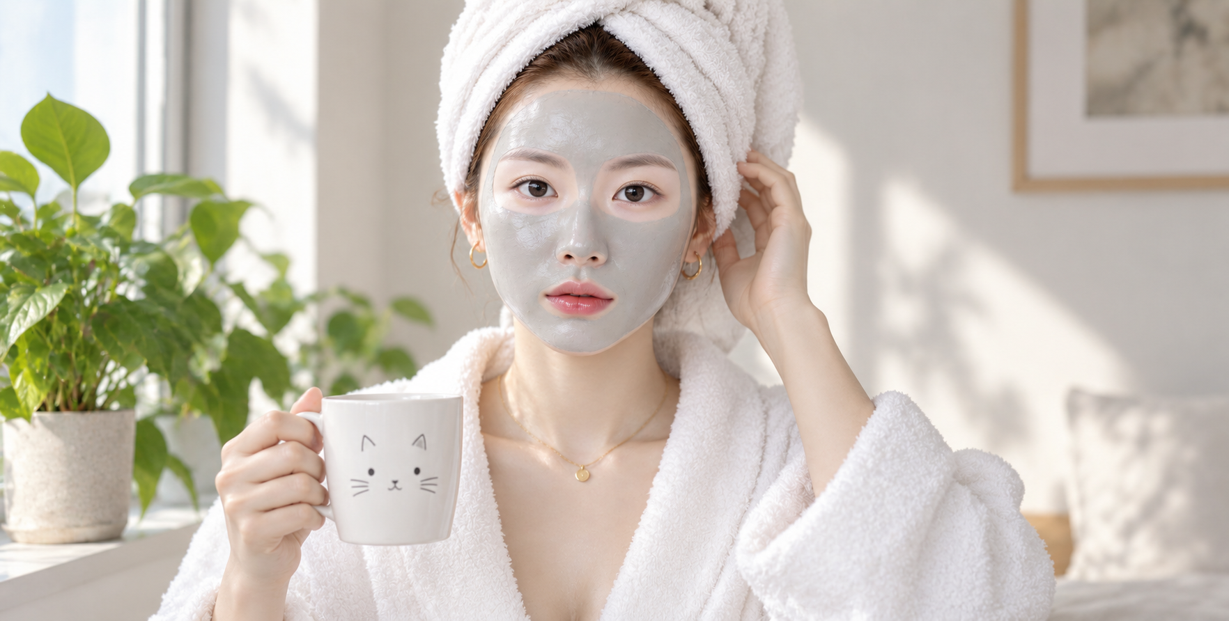 Portrait de soin au masque d'argile dans la lumière calme du matin près de la fenêtre — AI image creation