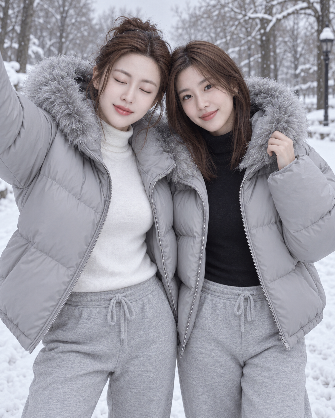 눈 내린 공원의 두 사람 윈터 스트리트 패션