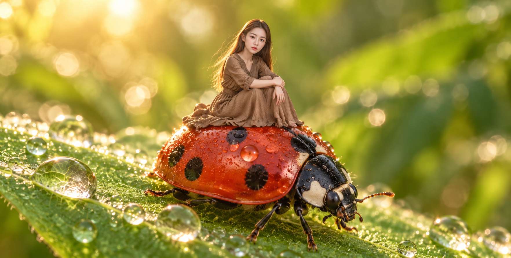 晨露瓢虫上的微型旅人 — AI image creation