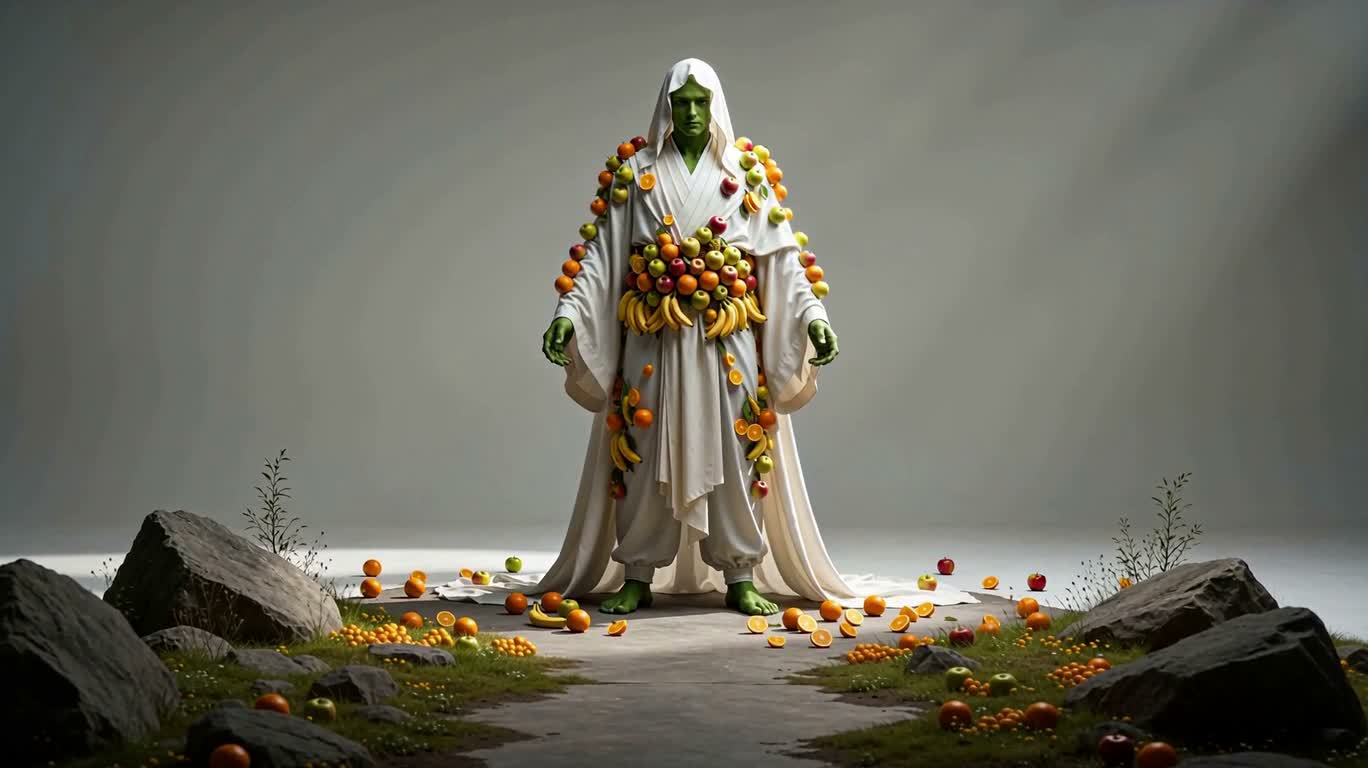 Green-Skinned Figure in White Robes Covered in Fruit — AI video creation