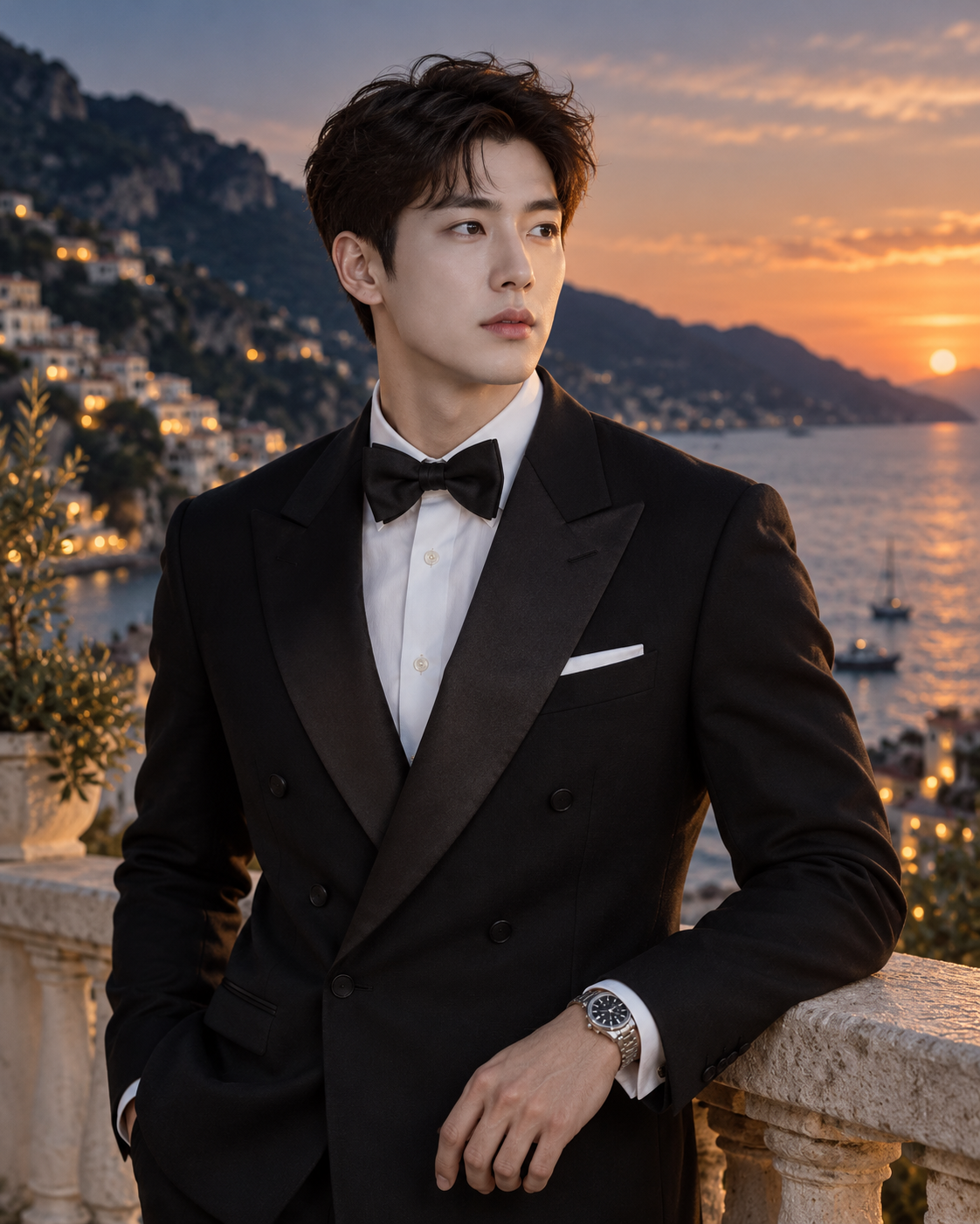 지중해 황혼 속 검은 예복의 신사