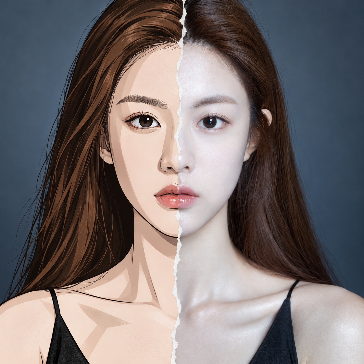 虚实交织的撕裂边缘分裂肖像 — AI image creation