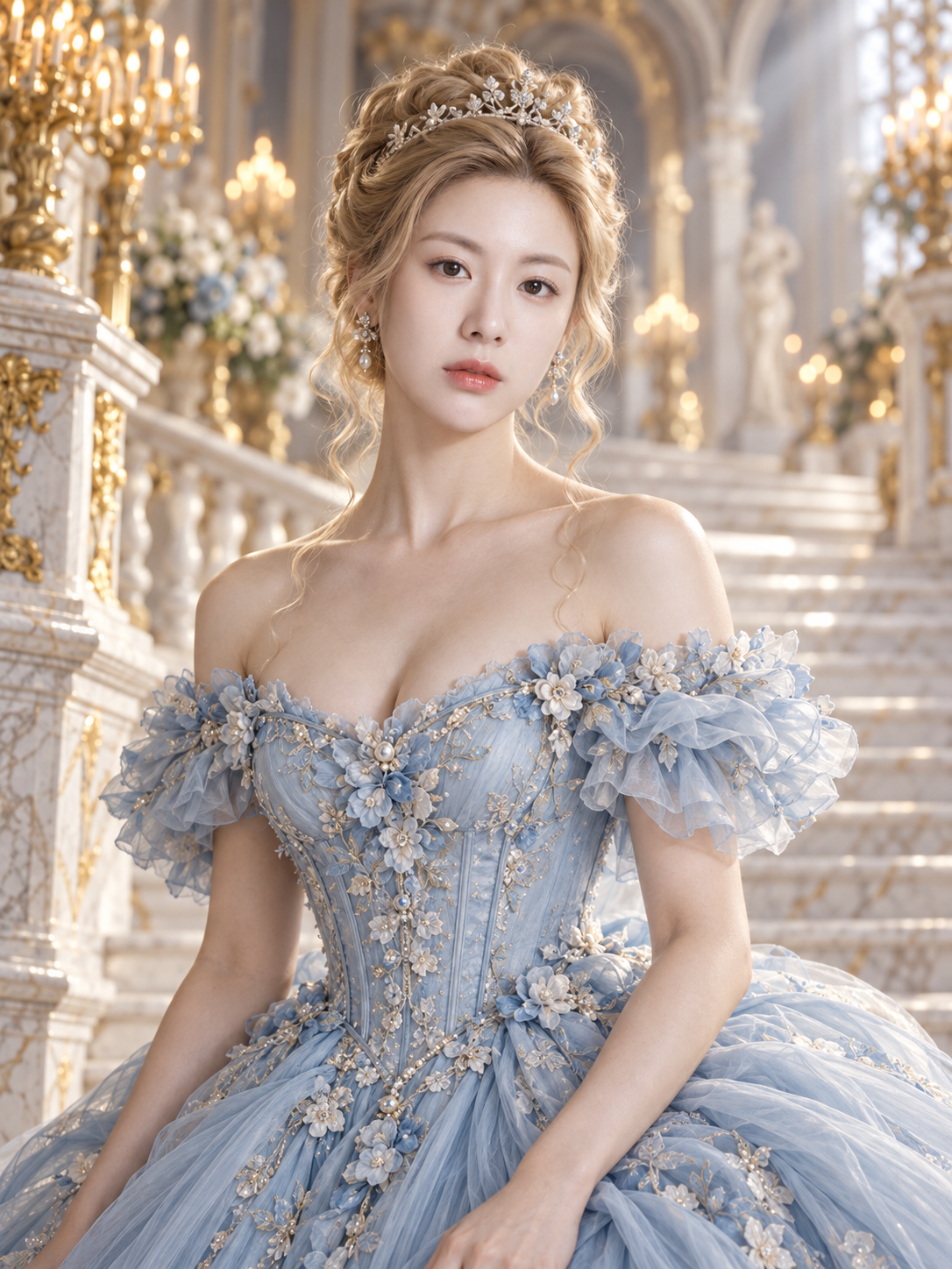 雾蓝礼服与宫殿光影 — AI image creation
