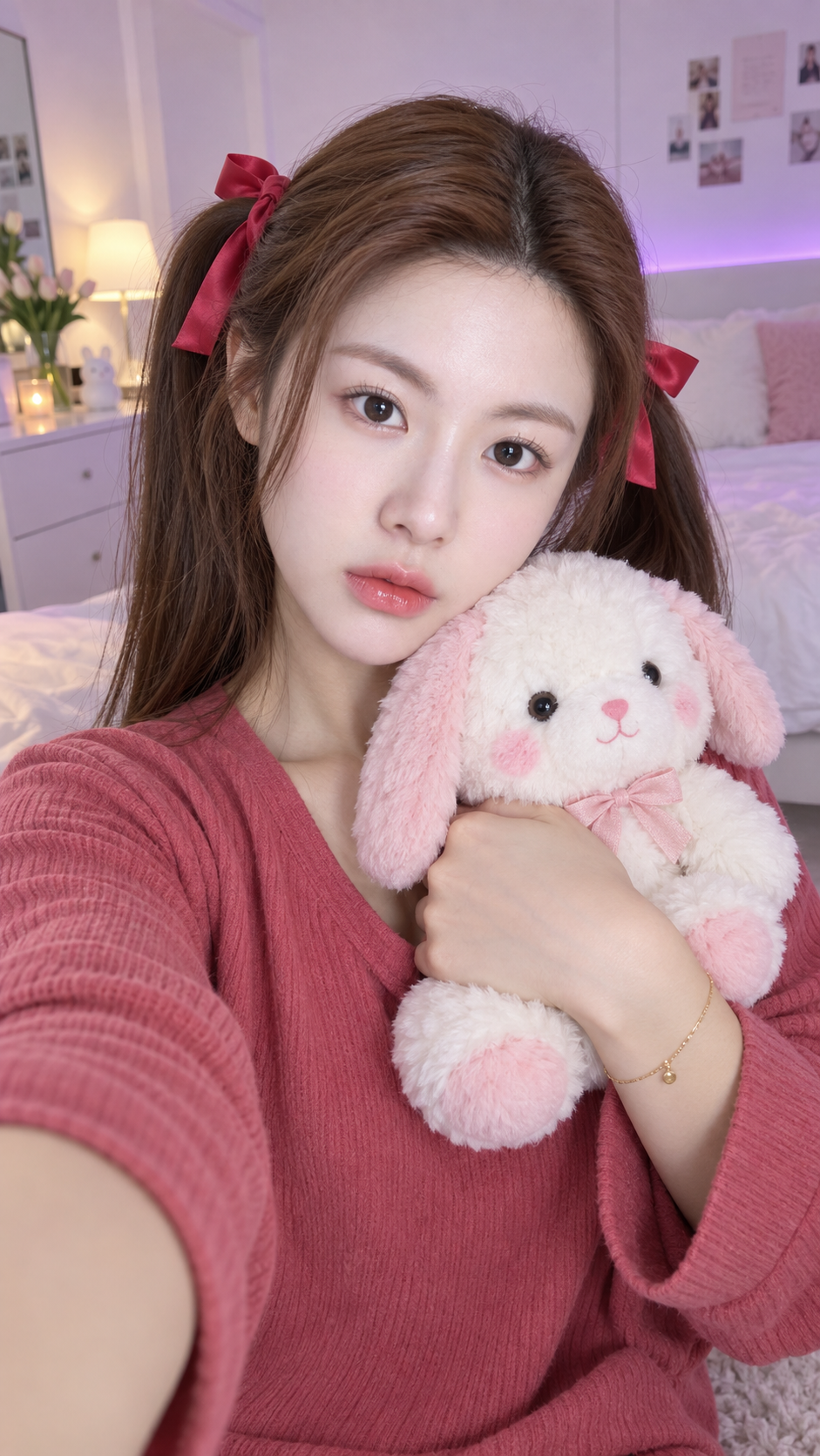 Phụ nữ trưởng thành tóc hai bím ruy băng đỏ selfie với gấu bông trong phòng ngủ