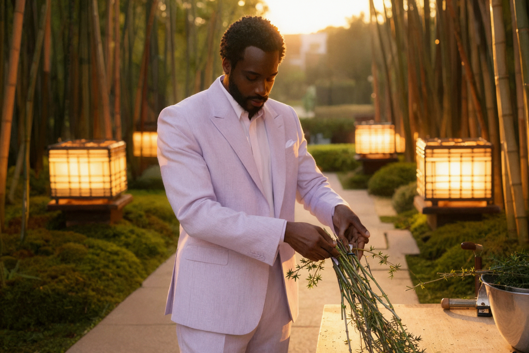 Adult African Male Florist · Bouquet Unfurling · Golden Backlight