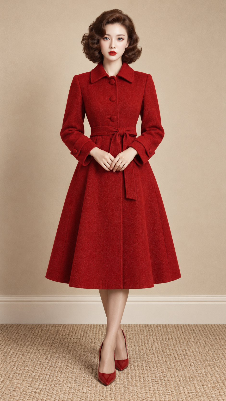 1950年代ヴィンテージの赤いウールコートを着た女性のファッションポートレート