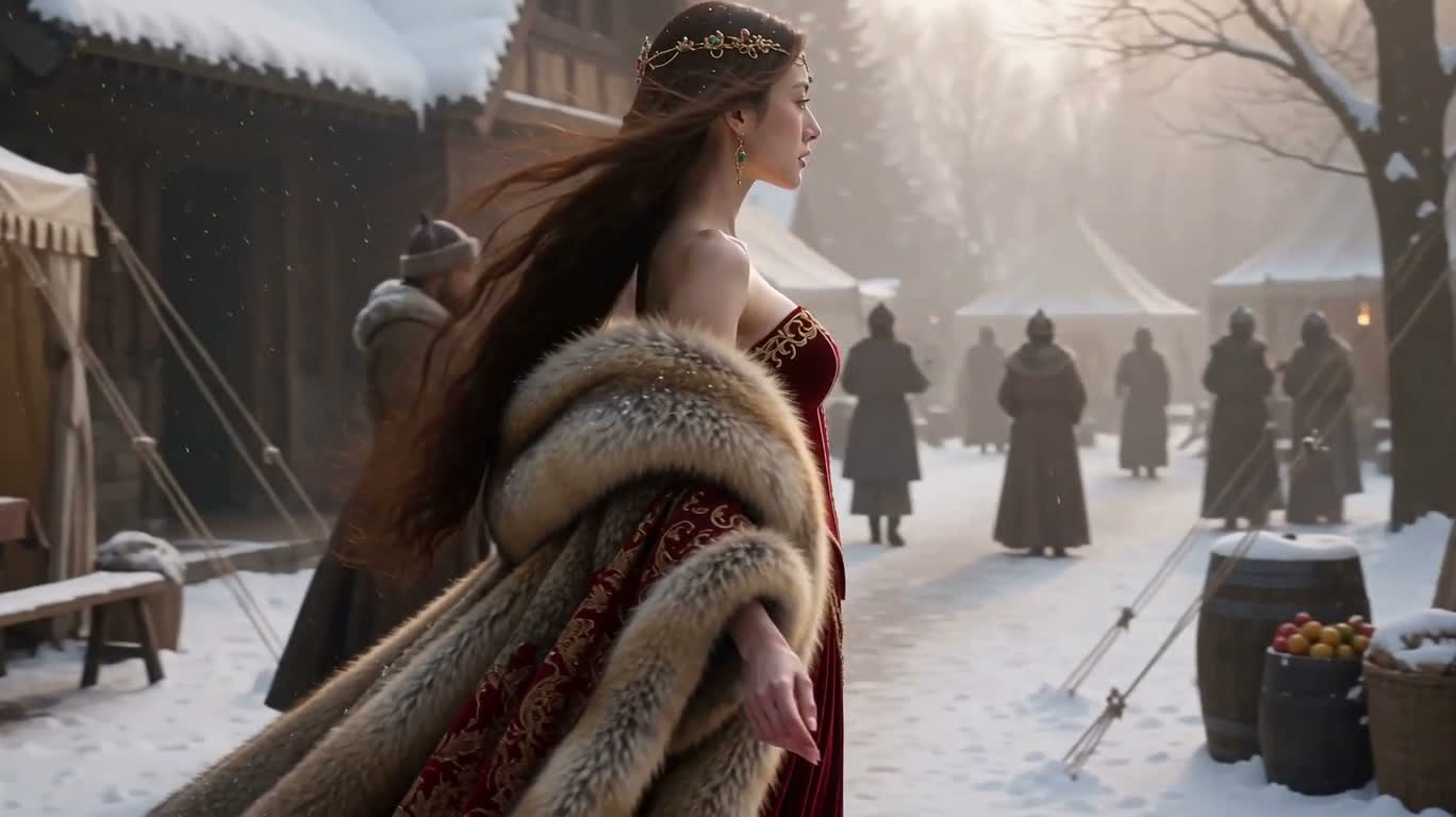 Femme adulte par une nuit de neige dans les terres du Nord — AI video creation