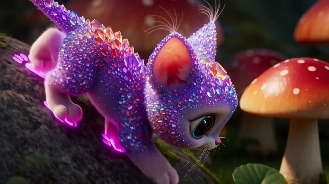 Créatures de cristal et champignon rouge — AI video creation
