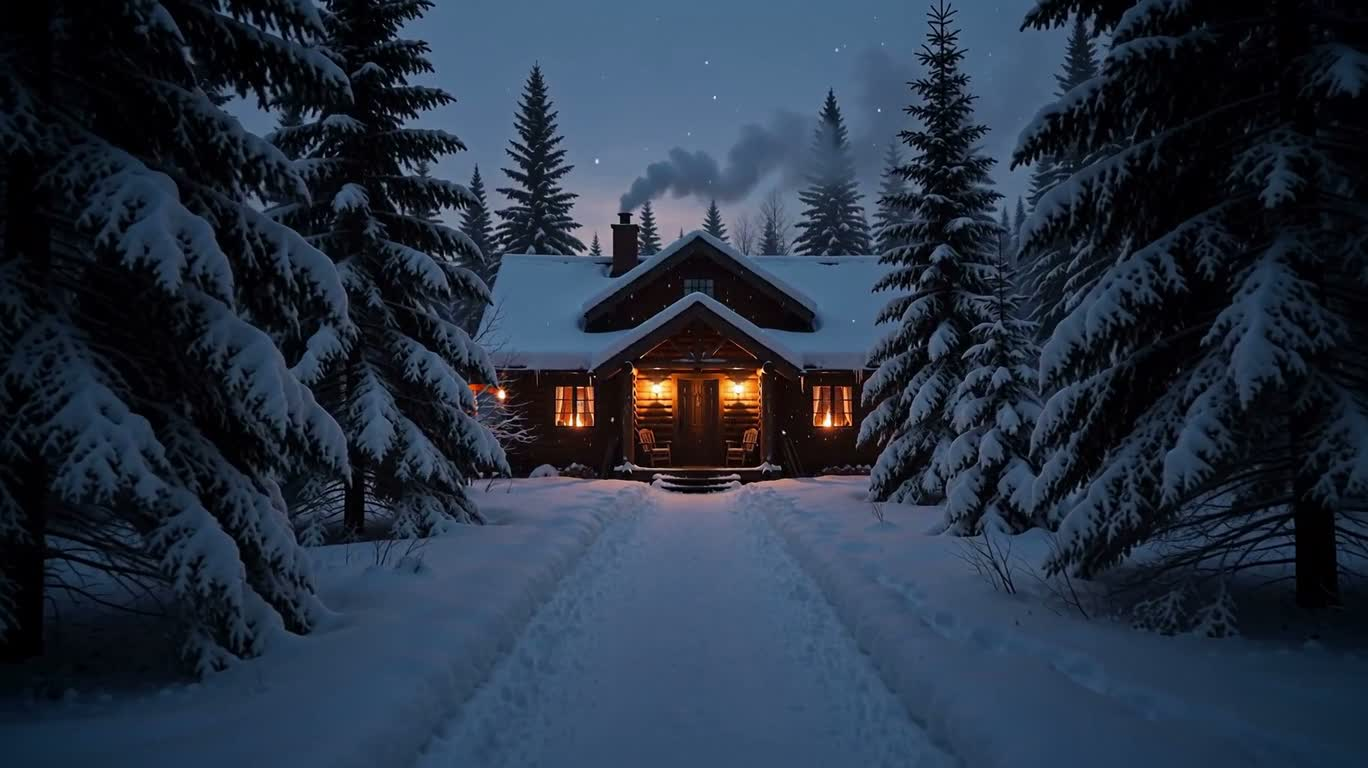 Snowy Forest Cabin at Blue Hour