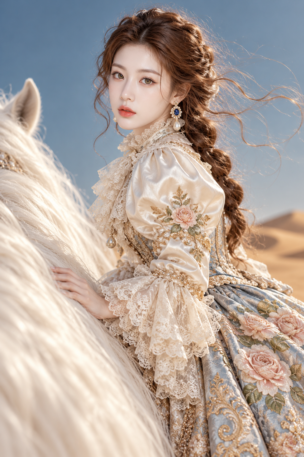 Portrait de mode rococo au cheval blanc