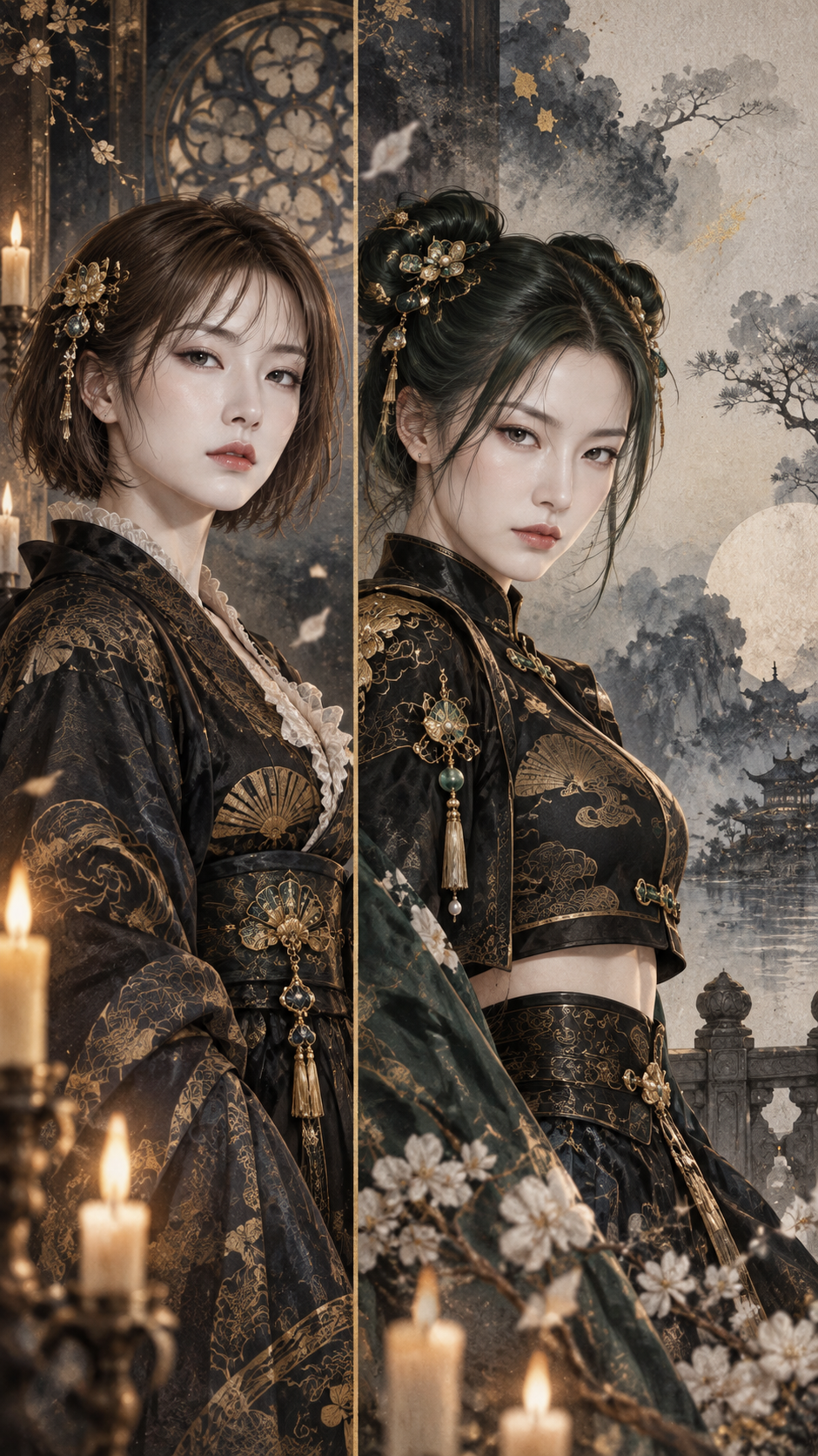 Dual-Faced Fantasy Heroine by Ink-Gold Candlelight — AI image creation