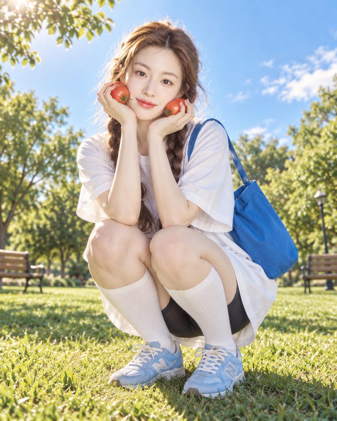 여름 볼터치 장난스러운 쪼그려 앉기