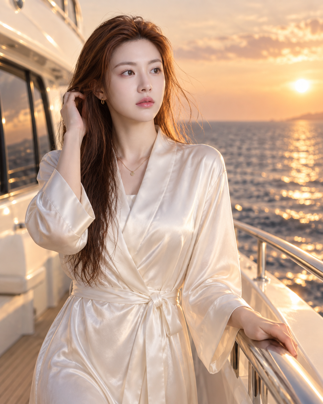 白色游艇旁的落日夏日时尚肖像