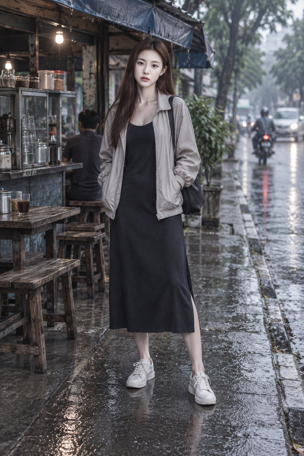 印尼咖啡摊雨后街景的成年女性时尚肖像