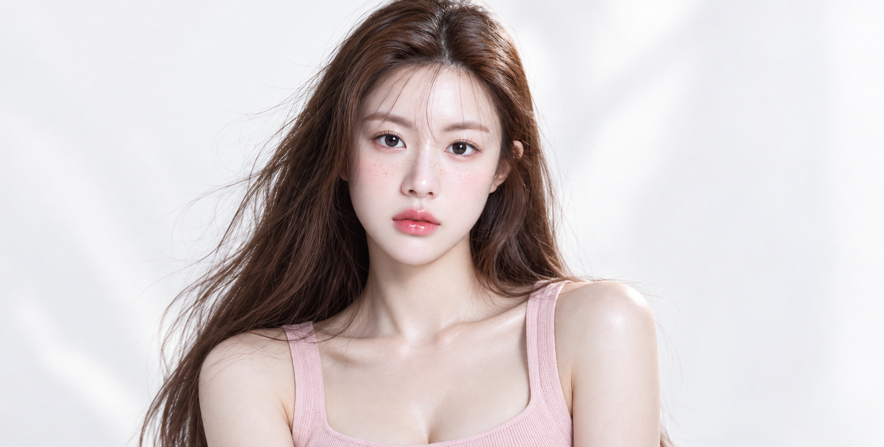 白色影棚中的水光妆容美妆肖像