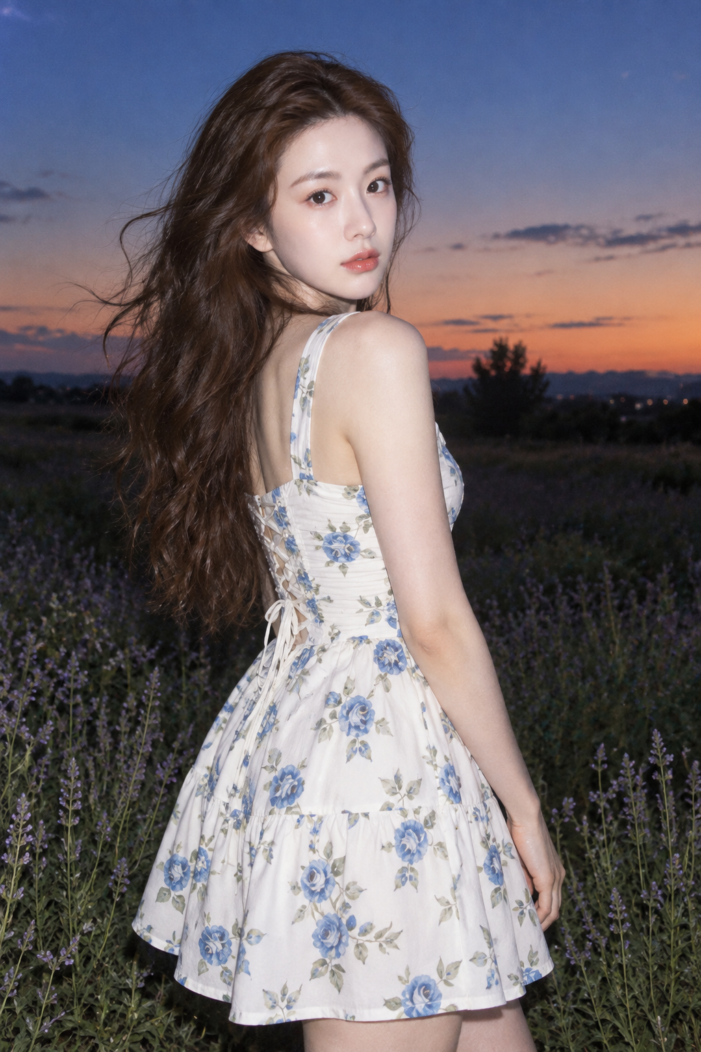 蓝玫瑰碎花裙的Y2K黄昏人像