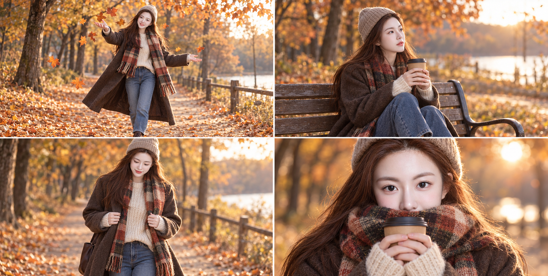 Collage de mode chaleureux en quatre panneaux dans un parc d'automne — AI image creation