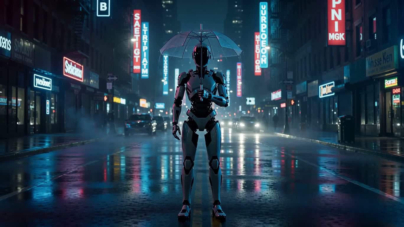 Close-up of a robot under an umbrella on a neon rainy night