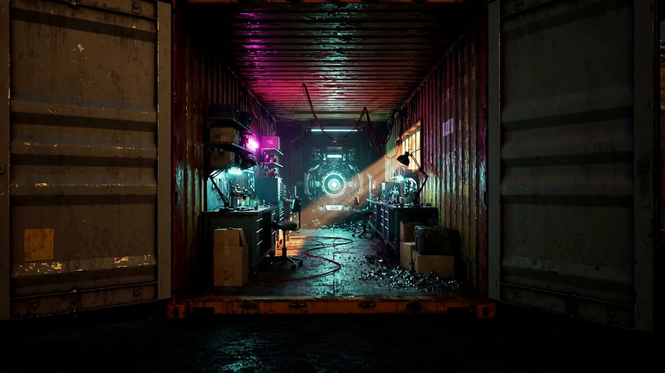 Xưởng sửa chữa sci-fi trong container neon