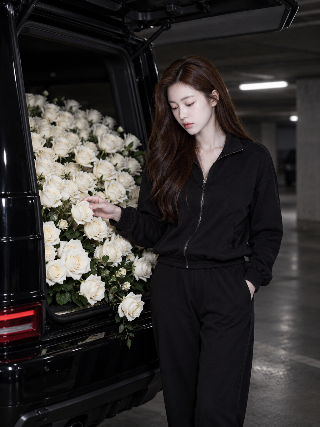 Portrait de mode dans un garage : un 4x4 noir et une voiture remplie de roses blanches
