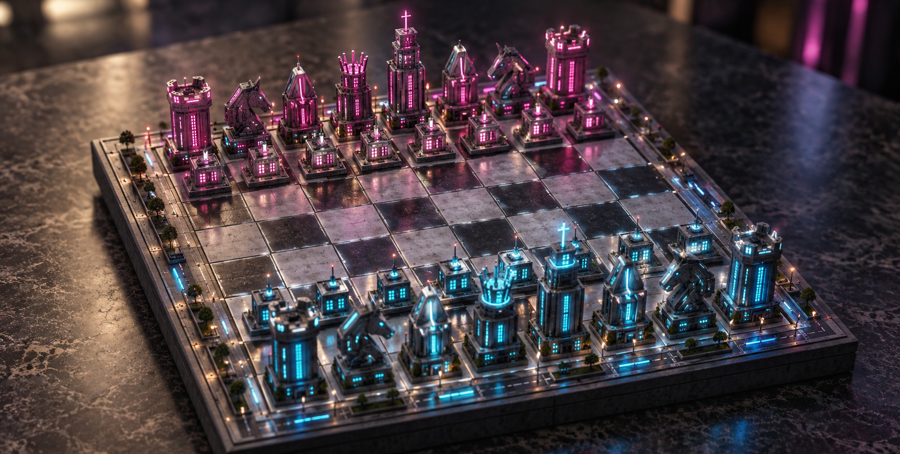 Miniature chess set made of cyberpunk neon city buildings — AI image creation