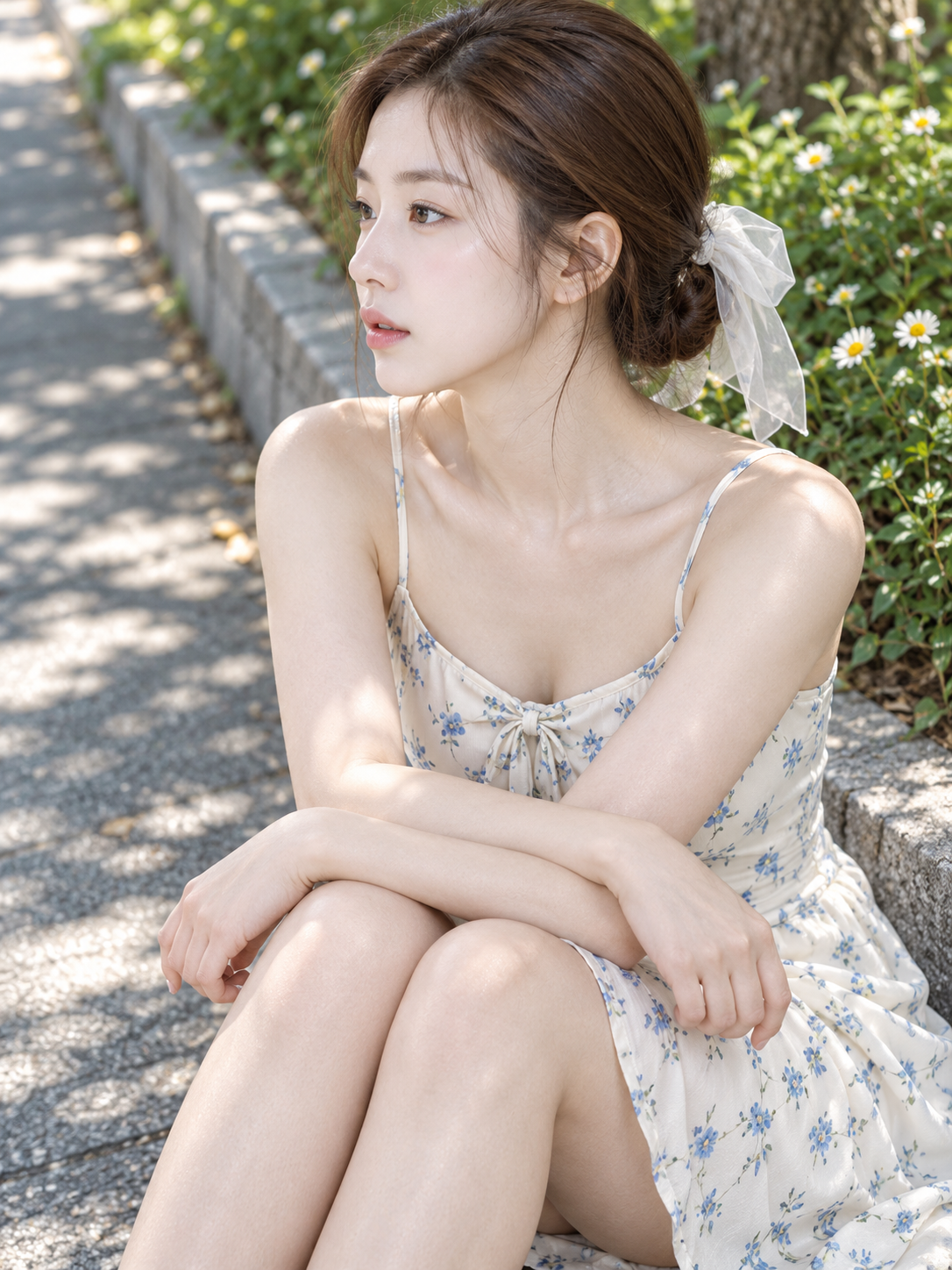 Portrait of an adult woman in a blue floral dress sitting on a flowerbed's stone edge in the shade