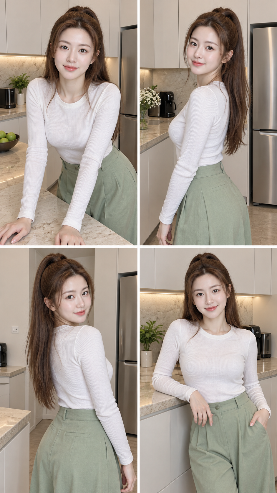 现代厨房中的成年女性四宫格生活方式肖像