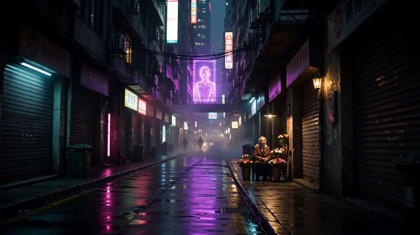 ネオン雨路地の花売り老人 — AI video creation