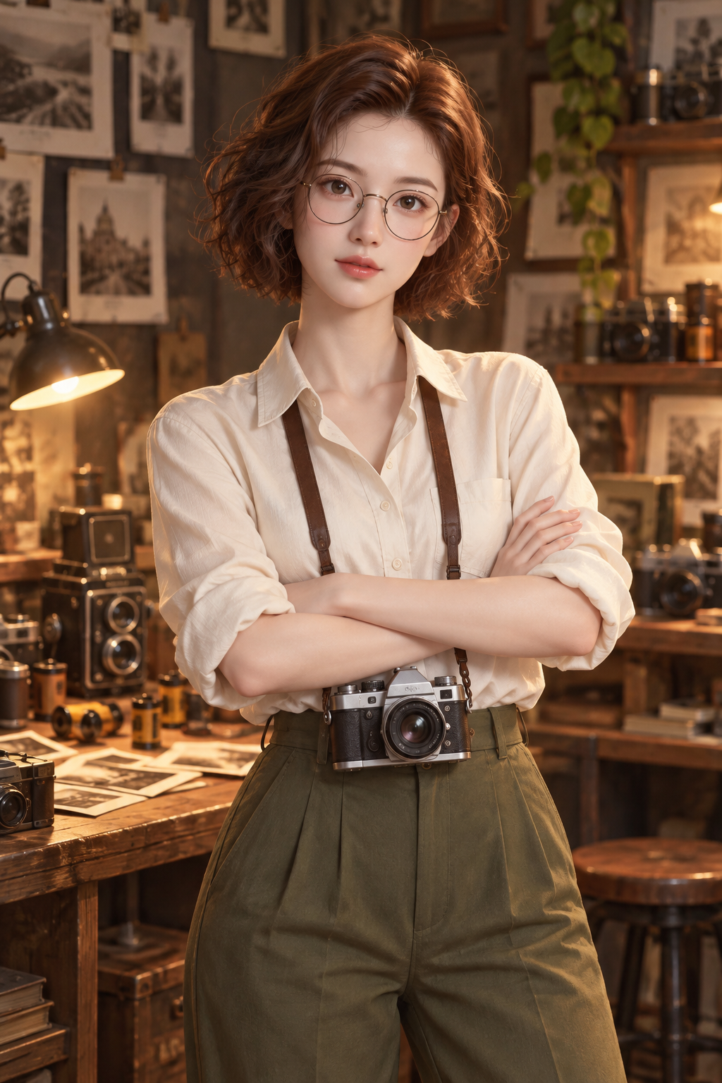 Nữ nhiếp ảnh gia 3D trưởng thành trong studio cổ điển