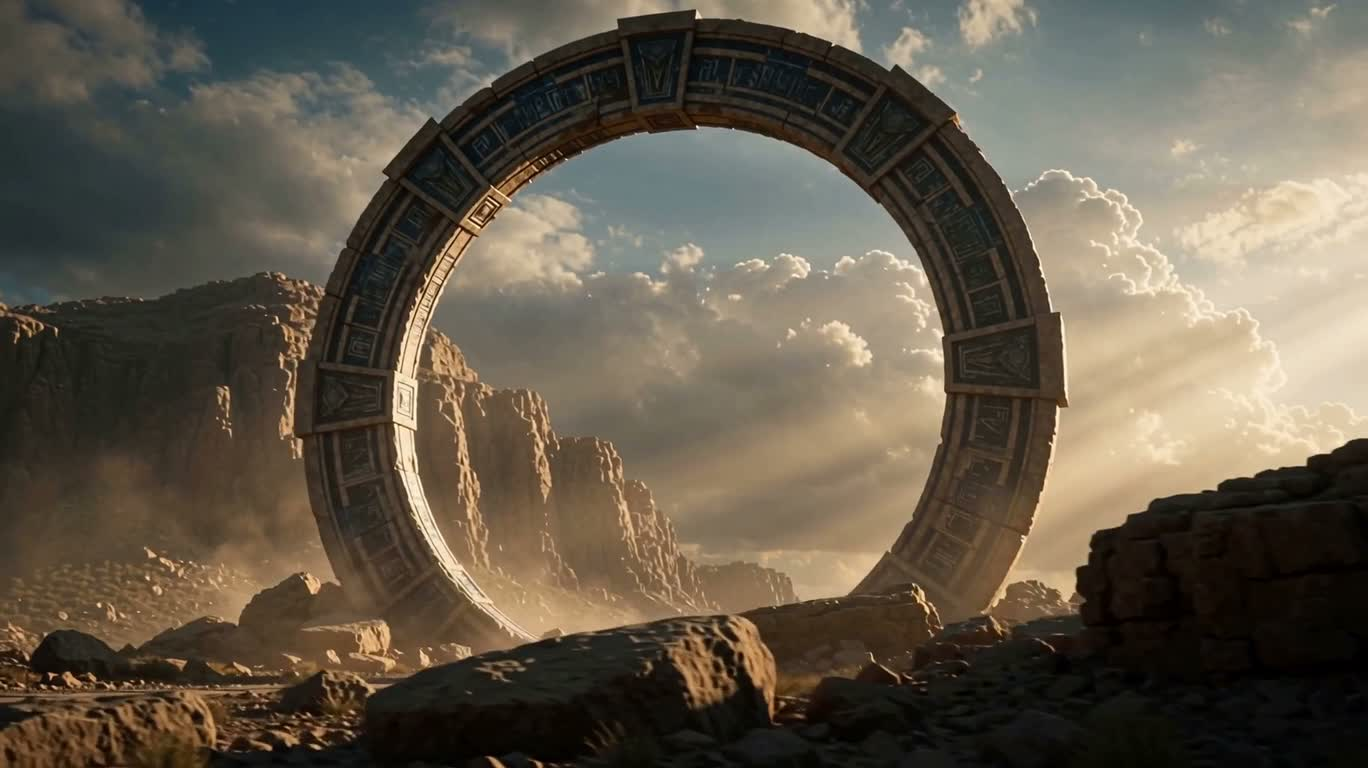 Cổng sao vòng đá và bầu trời sử thi — AI video creation