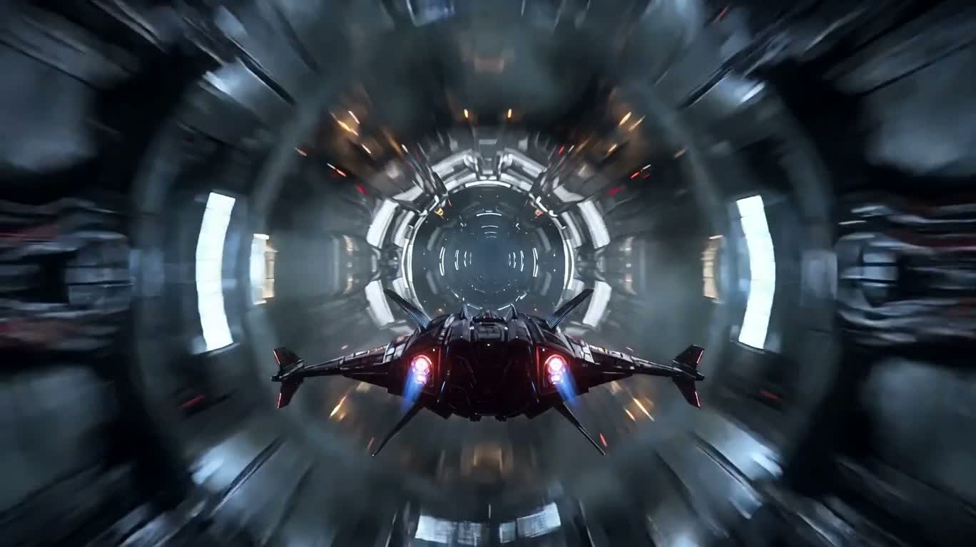 Chasseur de science-fiction traversant le champ de bataille interstellaire