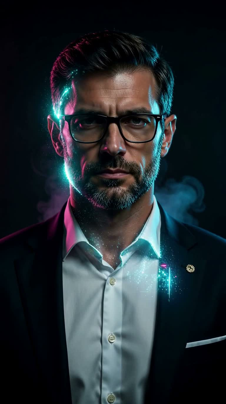 Bearded Man with Glasses in Holographic Movie Poster