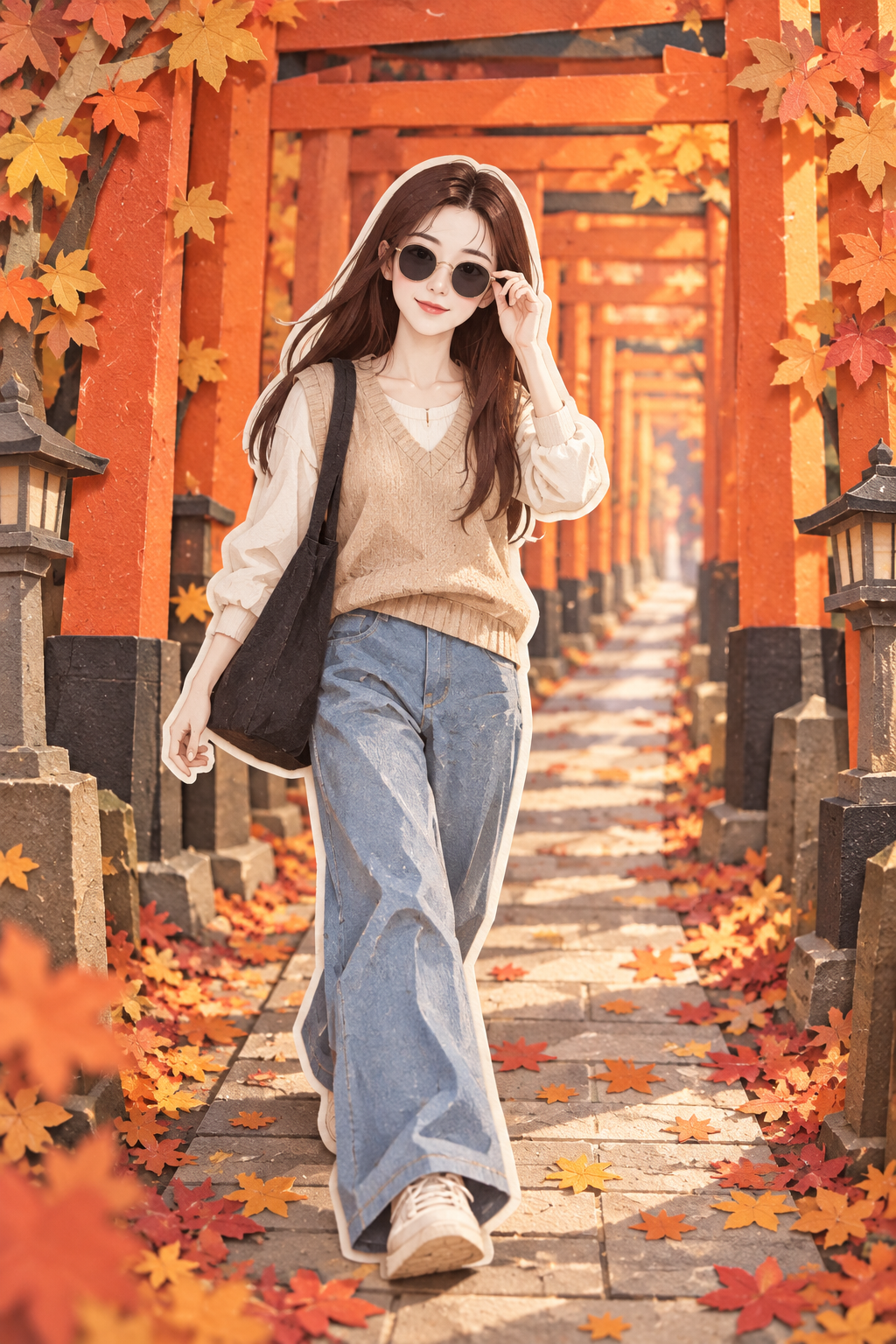 京都秋日鸟居纸雕旅行插画