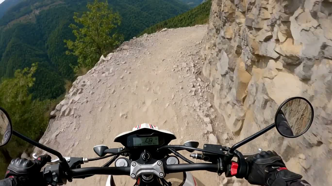Balade à moto à la première personne au bord de la falaise — AI video creation