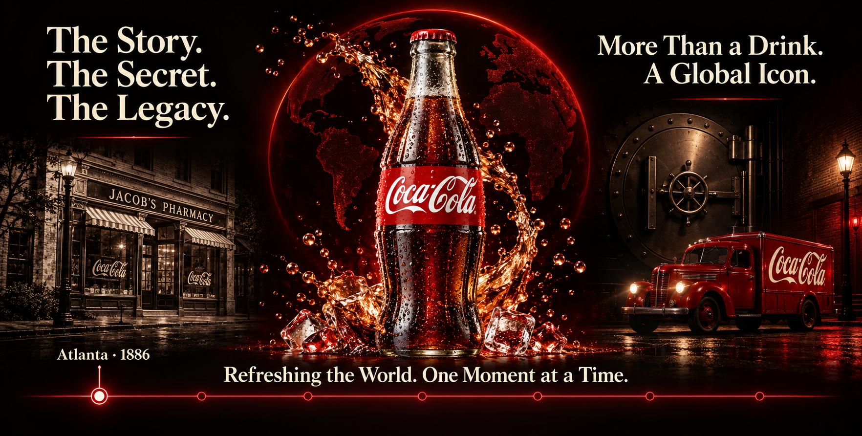 Инфографический постер истории бренда Coca-Cola в красно-чёрных тонах