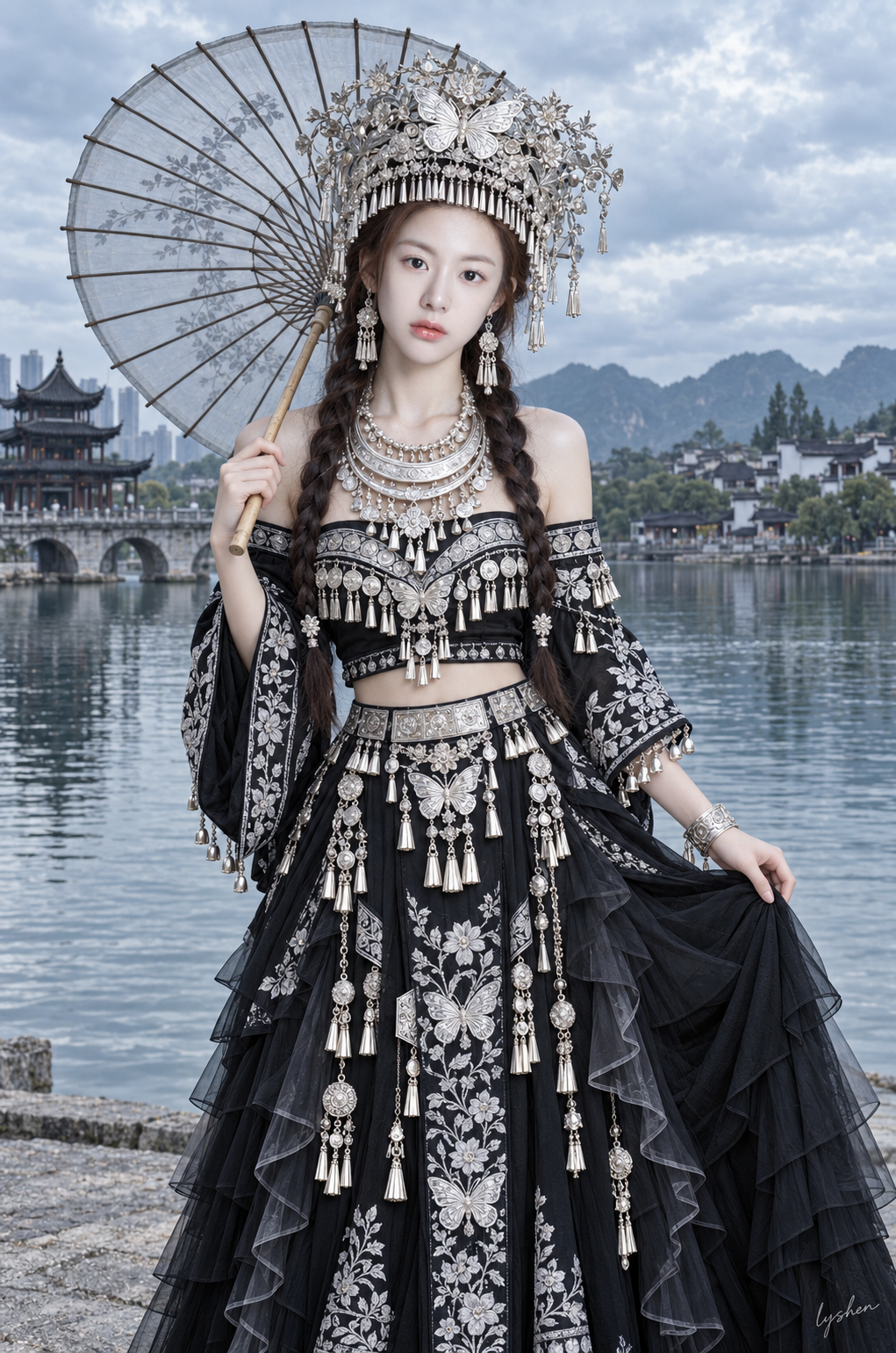 水边银冠黑裙成年女性民族风人像 — AI image creation
