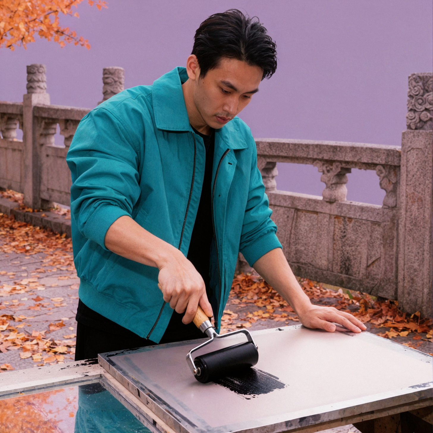 成人東南アジア人男性グラフィックデザイナー · ローラーインクの痕跡 · 静止した動き — AI image creation