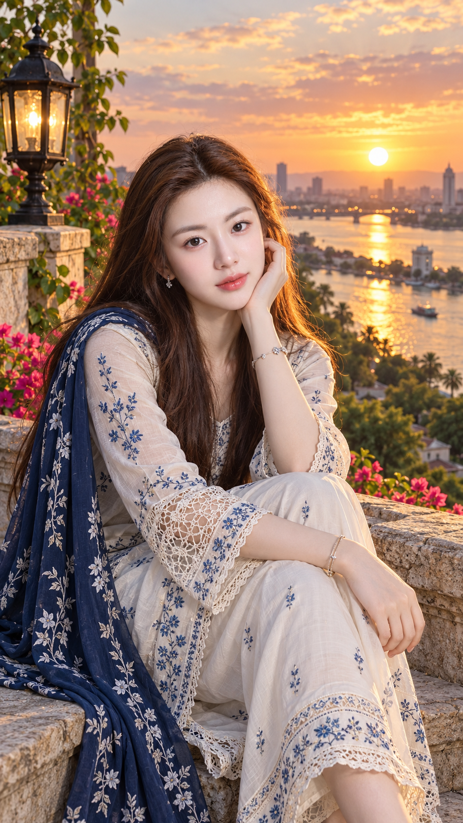 Portrait en tenue traditionnelle pakistanaise au coucher du soleil au bord de la rivière