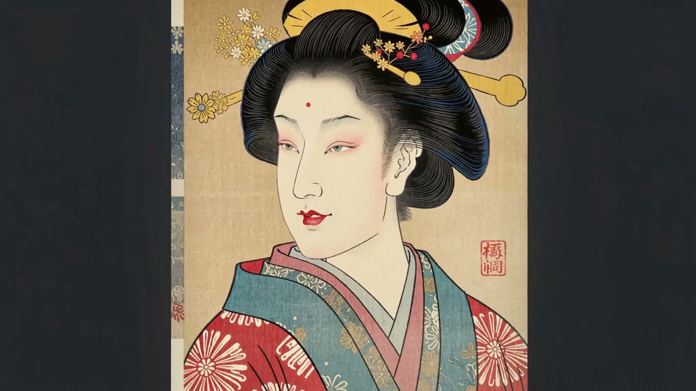 浮世绘风格的微笑动漫肖像