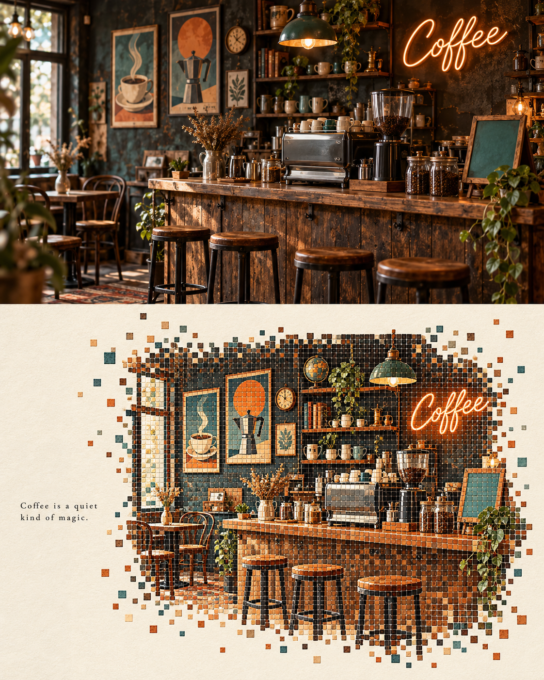 Retro Café Pixel Mosaic Editorial Poster