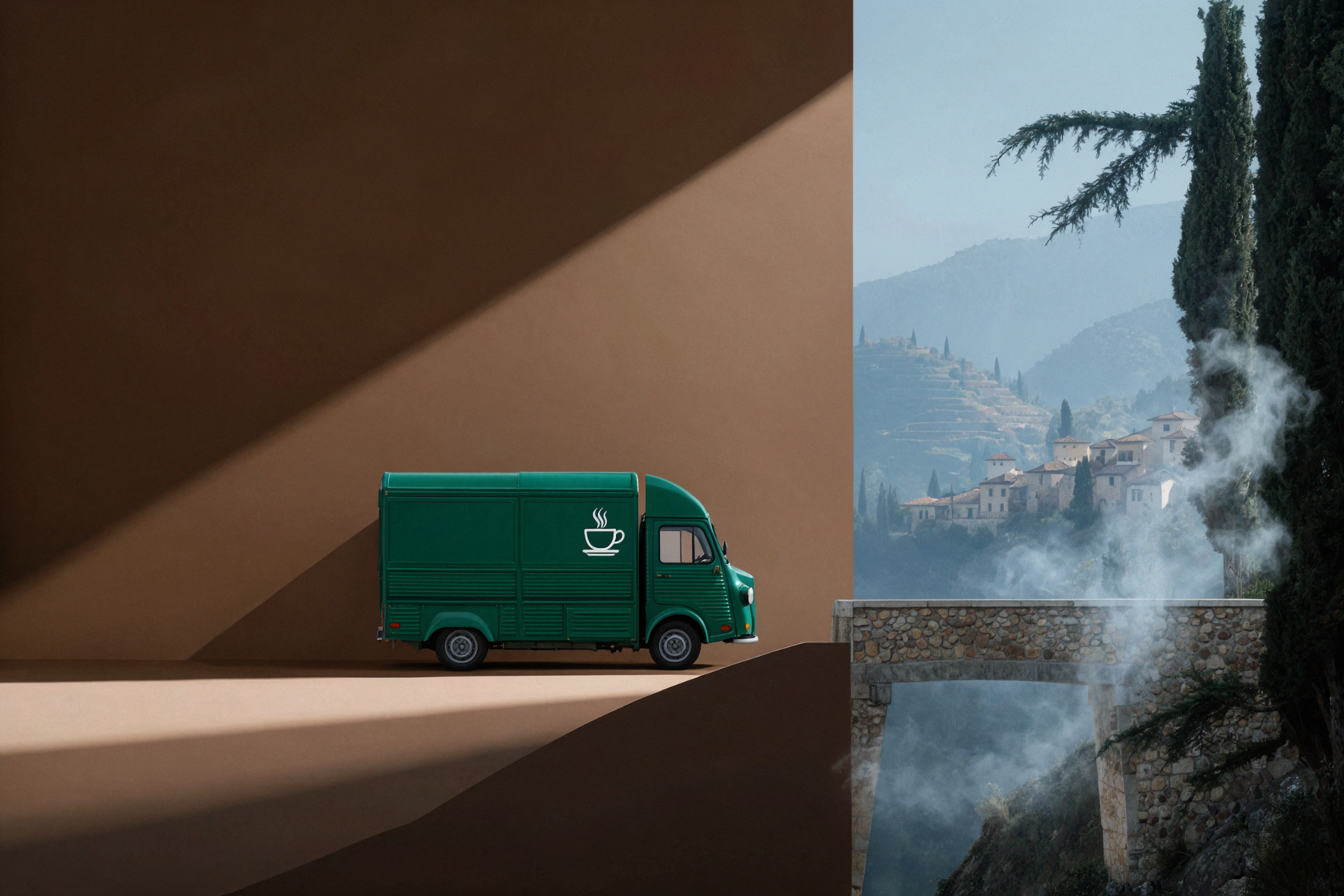 Camion café dans les montagnes · Produit minimaliste — AI image creation
