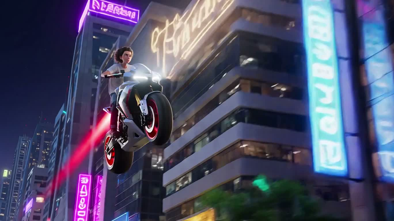 Cuộc truy đuổi xe bay trong thành phố neon — AI video creation
