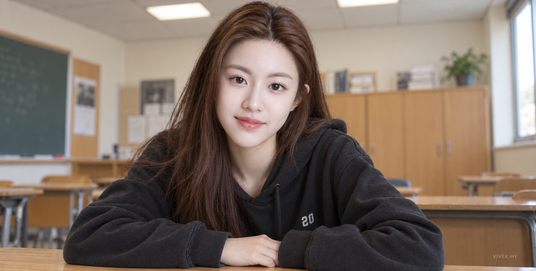 Portrait d'une femme adulte dans une salle de classe nostalgique à la lumière douce — AI image creation