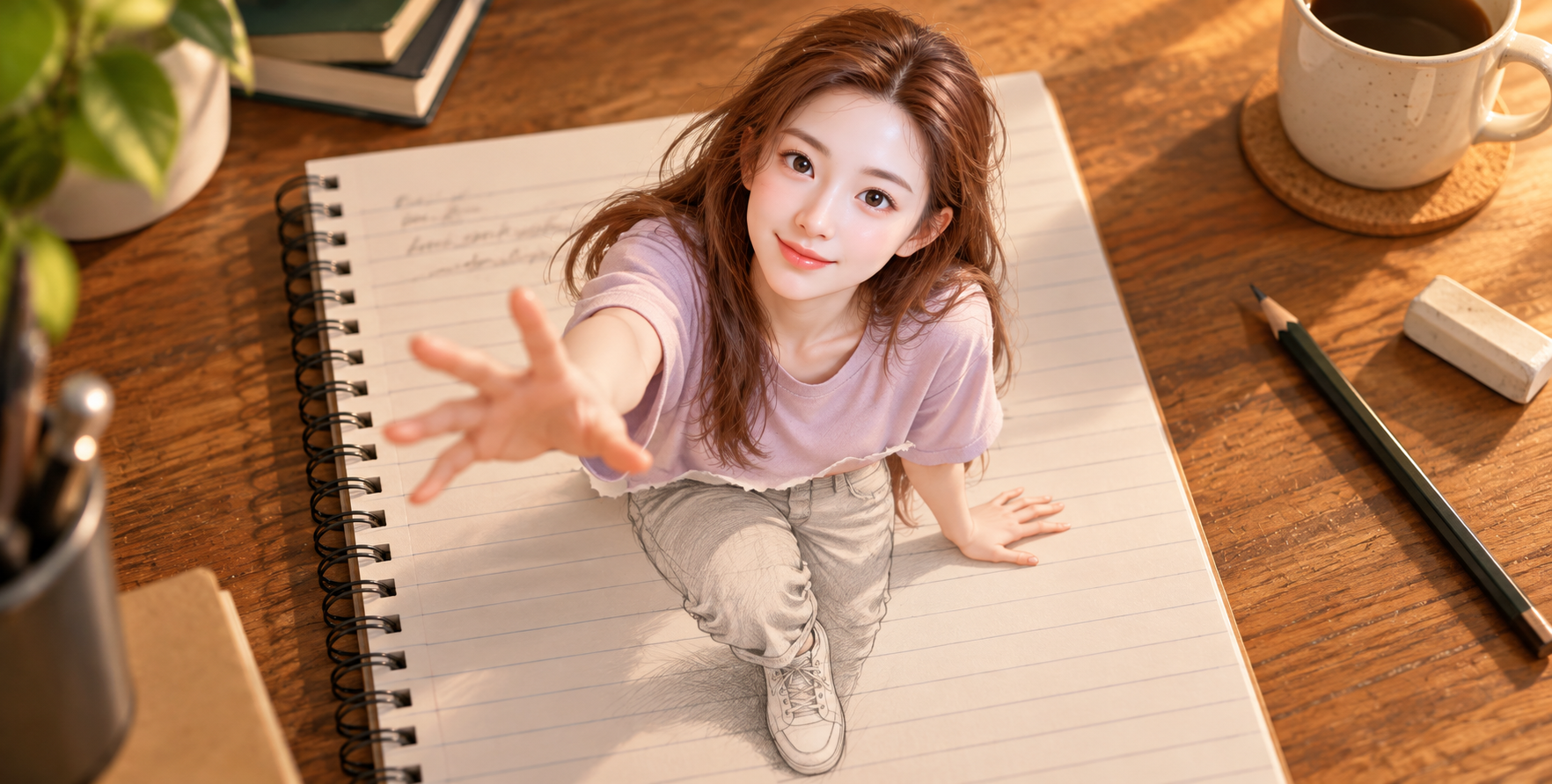 创意视错觉：成年女性从笔记本纸面跃出